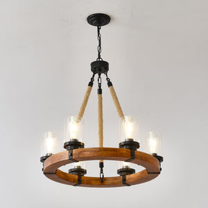 English Elm 23.62 Inch Wagon Wheel Chandelier Wood Metal Frame Seeded Glass Farmhouse Dining W5008P390657