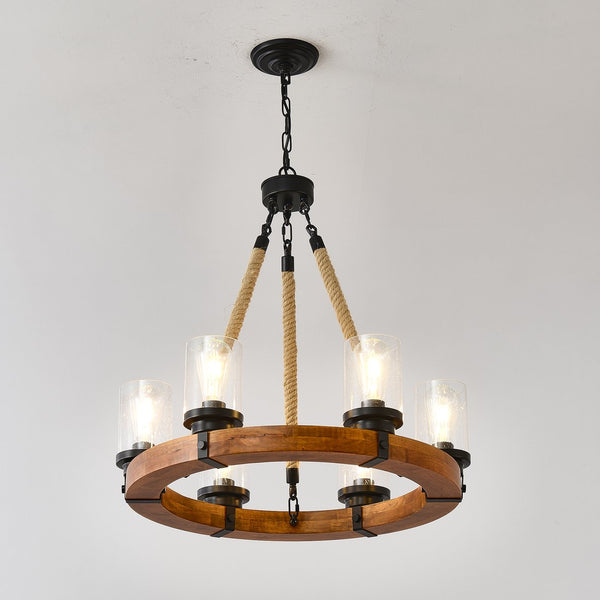 English Elm 23.62 Inch Wagon Wheel Chandelier Wood Metal Frame Seeded Glass Farmhouse Dining W5008P390657