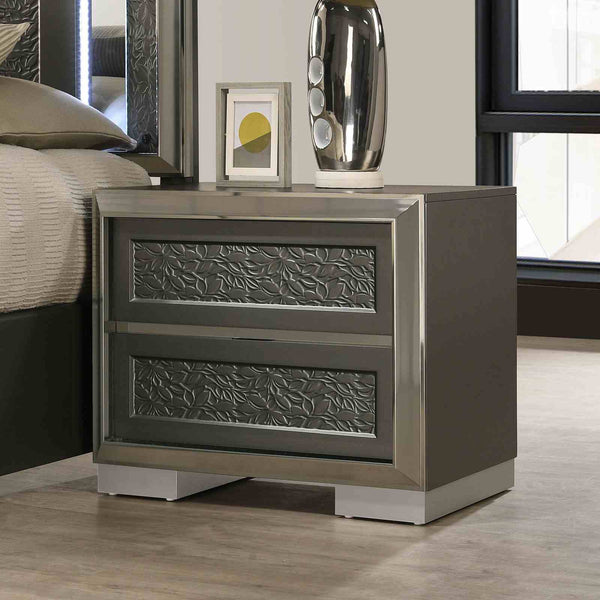 English Elm Glam Nightstand with Led Accent Lighting Faux Crystal Trim and Acrylic Pulls Gray B2741P435899