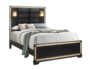 English Elm LIVELY Solid Wood Bed with Padded Headboard and Built-In Lamps, Low Profile Frame & Glitter Accents BLACK/GOLD QUEEN B201S00214