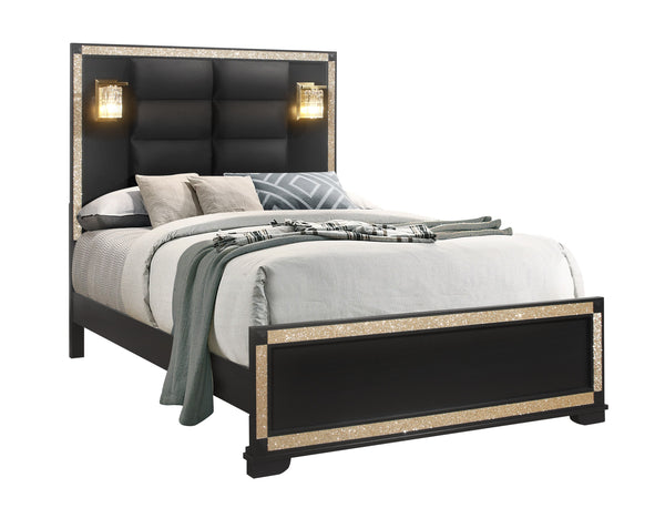 English Elm LIVELY Solid Wood Bed with Padded Headboard and Built-In Lamps, Low Profile Frame & Glitter Accents BLACK/GOLD QUEEN B201S00214