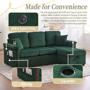 English Elm UNITED Corduroy L-Shaped Sectional Sofa with Storage Ottoman, USB Ports, Cup Holders & LED Lighting Emerald W1568P332404
