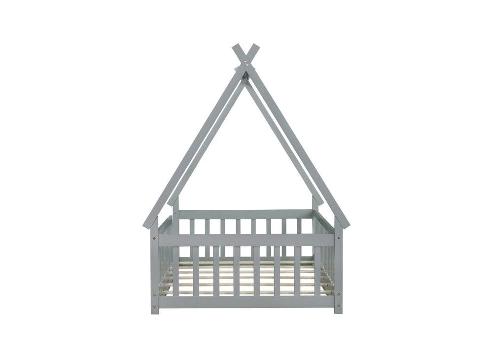 English Elm Twin Tent-Shaped Floor Bed With Guardrails, Grey Teepee Design For Safe Playful Sleep & Comfort W504P345774-GIGA
