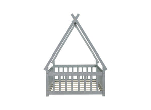 English Elm Twin Tent-Shaped Floor Bed With Guardrails, Grey Teepee Design For Safe Playful Sleep & Comfort W504P345774-GIGA