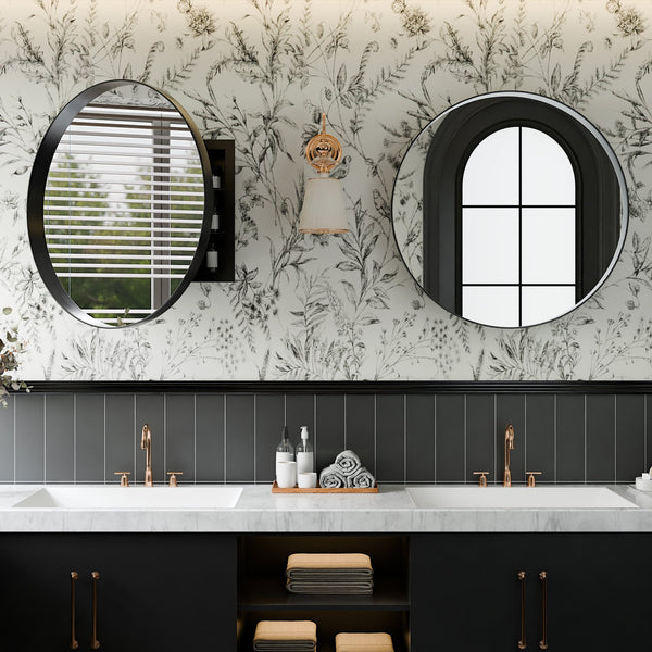 English Elm 23.6 Inch Round Matte Metal Medicine Cabinet with Mirrored Door and Adjustable Shelves Black W1435P312263