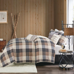 English Elm 6 Piece Reversible Herringbone Quilt Set With Cozy Buffalo Plaid & Embroidered Pillows - Full/Queen B03597577