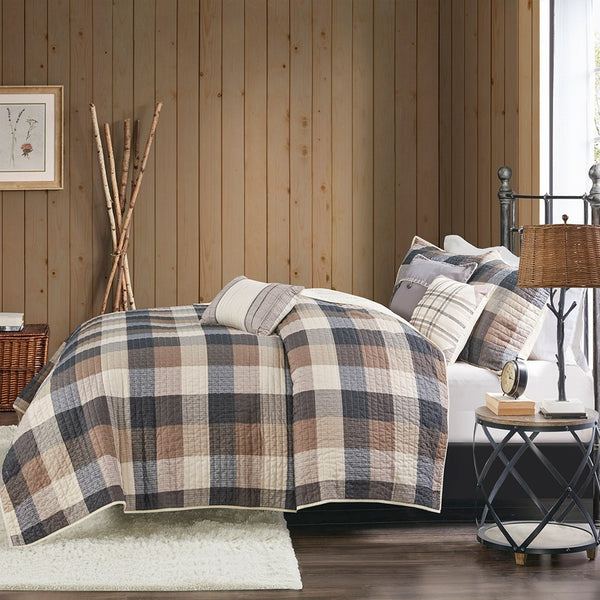 English Elm 6 Piece Reversible Herringbone Quilt Set With Cozy Buffalo Plaid & Embroidered Pillows - Full/Queen B03597577