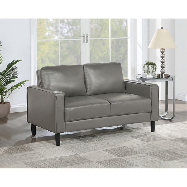 English Elm Farallone Faux Leather Upholstered Track Arm Loveseat with Tapered Legs, Sleek Contemporary Design and Comfort Grey B062P299957