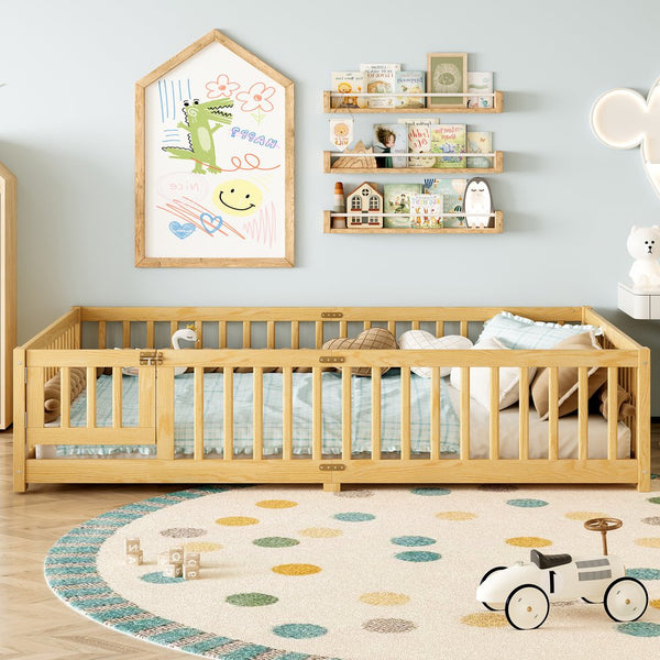 English Elm Queen Kids Floor Bed with Safety Guardrails and Door for Independent Sleep, Pine Frame, 82.7"x62.6" Natural W1580P338954
