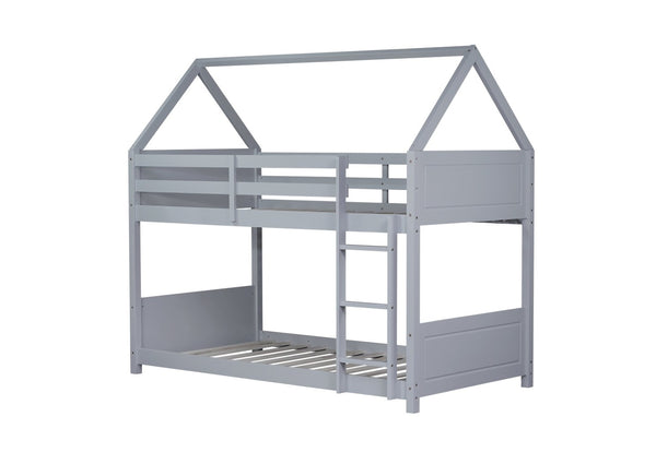 English Elm Twin Over Twin House-Style Bunk Bed With Safety Guardrails, Ladder & Durable Light Grey Finish W504P227934-GIGA