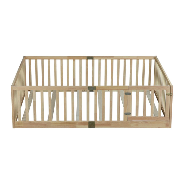 English Elm Twin Montessori Floor Bed Solid Rubber Wood with Safety Fence Rails Toddler Room W504P411200