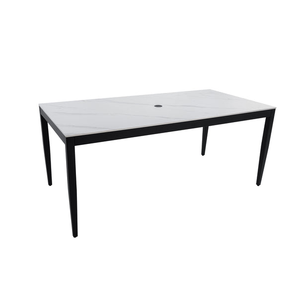 English Elm Outdoor Modern Patio Dining Table 35.5"x71" with Sintered Stone Top, Tapered Legs, Weatherproof Elegance Ember Black Frame,Greek White Marble-Inspired Sintered Stone W1886P272393