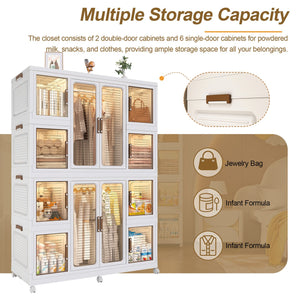 English Elm Portable Wardrobe Closet Organizer with 12 Magnetic Doors, 12 Cubes, 2 Rods, 16 Hangers — Durable PP Storage Cabinet White W2699P184784