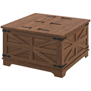 English Elm HOMCOM Farmhouse Coffee Table with Flip Lift Top and Hidden Storage, Square Center Table, Rustic Charm Brown W2225P217458
