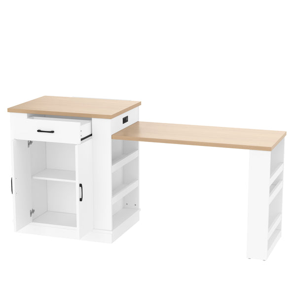 English Elm Extendable Kitchen Island with Storage Drawers Open Shelving and Cabinet in White W1580S00273