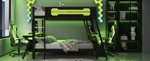 English Elm Full Size Gaming Bunk Bed with Dual Desks Usb Charging Ports and Pegboard Storage Green LT000274AAG
