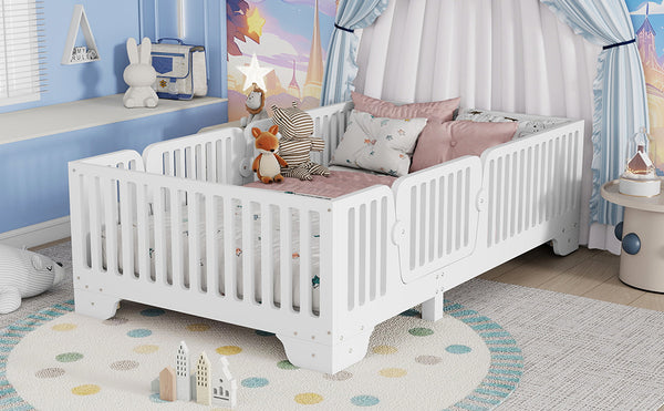 English Elm Twin Montessori Floor Bed with Safety Rails Hinged Door and Plywood Slats for Kids White W2593P381112