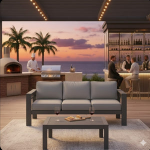 English Elm 2 Piece Outdoor Iron Patio Sofa Set with Thick Cushions and Wood Grain Coffee Table Gray+Gray B082P455116