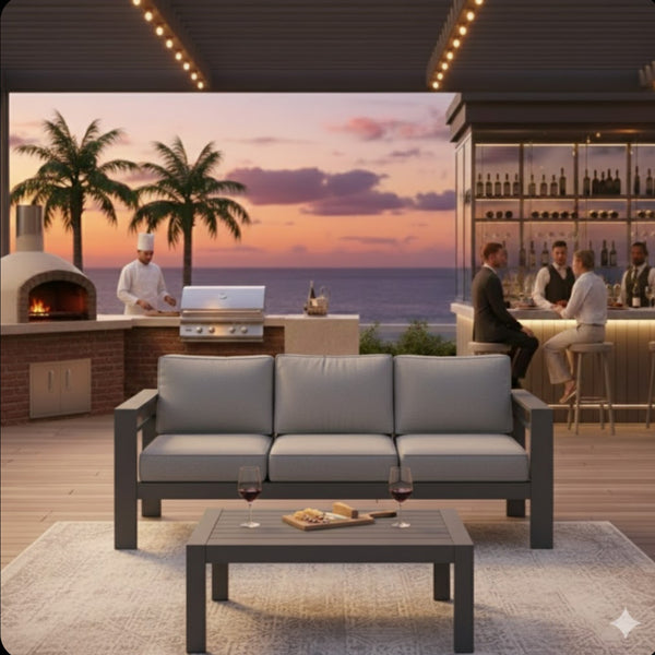 English Elm 2 Piece Outdoor Iron Patio Sofa Set with Thick Cushions and Wood Grain Coffee Table Gray+Gray B082P455116