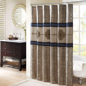 JLA Home Madison Park - Embroidered Jacquard Shower Curtain with Medallion Motif, Color-Blocked Texture & Rust-Resistant Grommets Navy MP70-7543