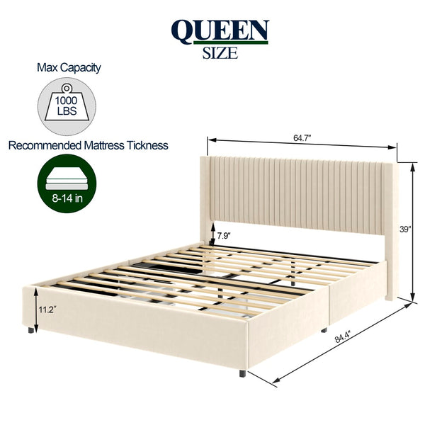 English Elm Same Anna Patented 2-Drawer Queen Storage Bed In Ivory Velvet - Modern Wingback Design With Support B191P191592-GIGA