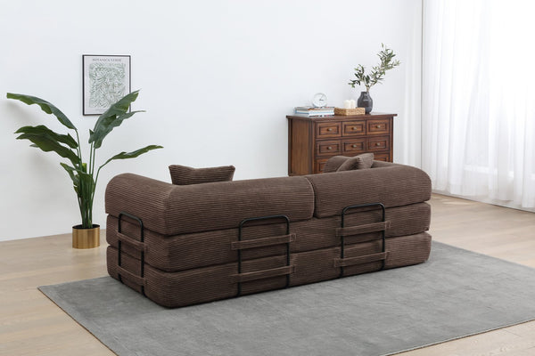 English Elm Convertible 3-Seat Sleeper Sofa Bed Corduroy Folding Floor Couch with Cylindrical Pillow, Plush Support Brown W3199P309395