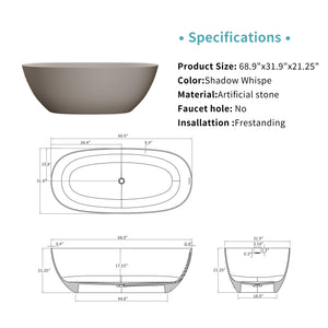 English Elm 69'' Freestanding Resin Stone Soaking Tub Spa Bathing with Polished White Surface Beige W2753P340400