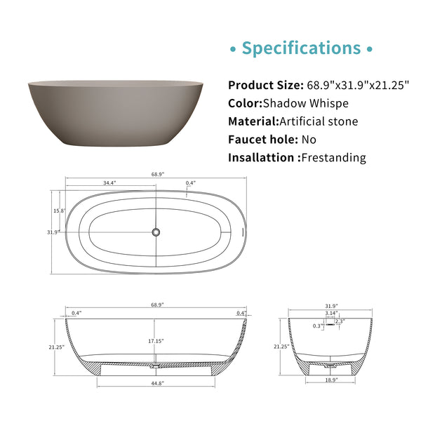 English Elm 69'' Freestanding Resin Stone Soaking Tub Spa Bathing with Polished White Surface Beige W2753P340400
