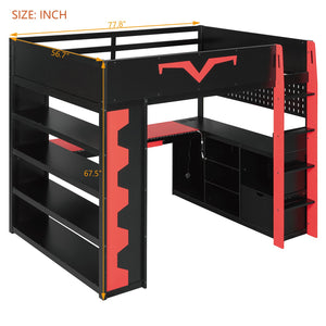 English Elm Full Size Gaming Loft Bed with Desk Rgb Lighting Power Outlet and Storage Drawer Red LT000285AAJ