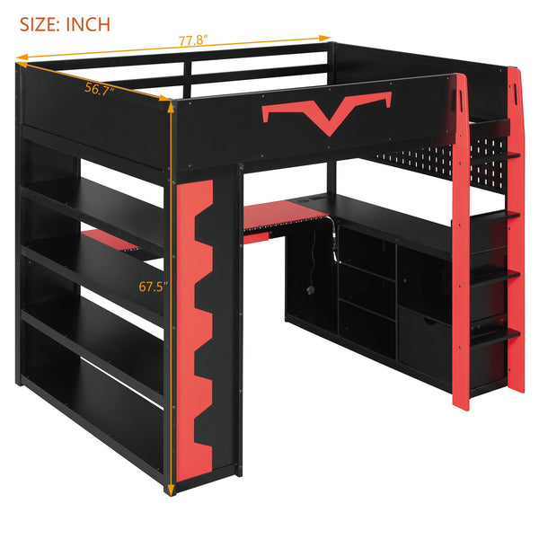 English Elm Full Size Gaming Loft Bed with Desk Rgb Lighting Power Outlet and Storage Drawer Red LT000285AAJ