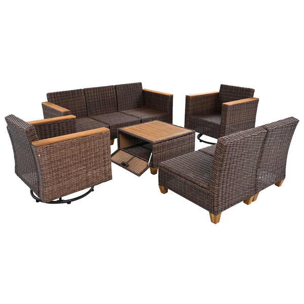 English Elm K&K 8-Piece Wicker Patio Set with 360° Swivel Rockers, Acacia Storage Table, Durable Cushions Blue+Brown N707S000016E