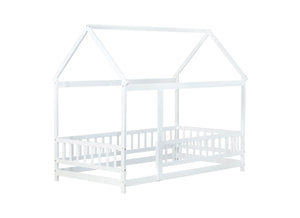 English Elm Twin Size House Floor Bed With Roof Frame & Safety Guardrails - Cozy Wooden Design For Kids' Rooms W504P286403-GIGA
