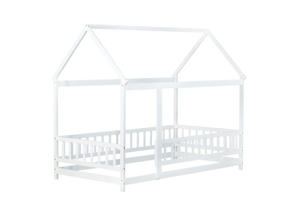 English Elm Twin Size House Floor Bed With Roof Frame & Safety Guardrails - Cozy Wooden Design For Kids' Rooms W504P286403-GIGA