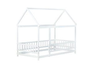 English Elm Twin House Bed Floor Frame Solid Rubberwood Guardrails Playhouse Nook for Kids W504P470124