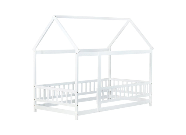 English Elm Twin House Bed Floor Frame Solid Rubberwood Guardrails Playhouse Nook for Kids W504P470124