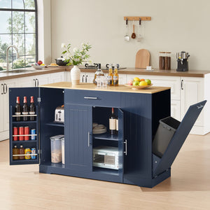 English Elm 53'' Kitchen Storage Islands with Drawers and Trash Can Storage, Modern Farmhouse Design, 53.2"W x 20.9"D x 38.0"H Navy Blue W1820P281266