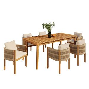 English Elm Christopher Knight Home® - Outdoor Dining Set with Acacia Wood Frame, 6 Chairs & Slatted 72" Table, Waterproof Washable Cushions Beige,Brown,Teak N779P266069N_N779P279983B-3
