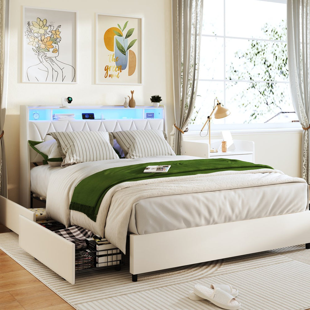 English Elm Queen Metal Platform Bed with Led Lighting Outlets Padded Headboard and Storage Shelf W3107S00005