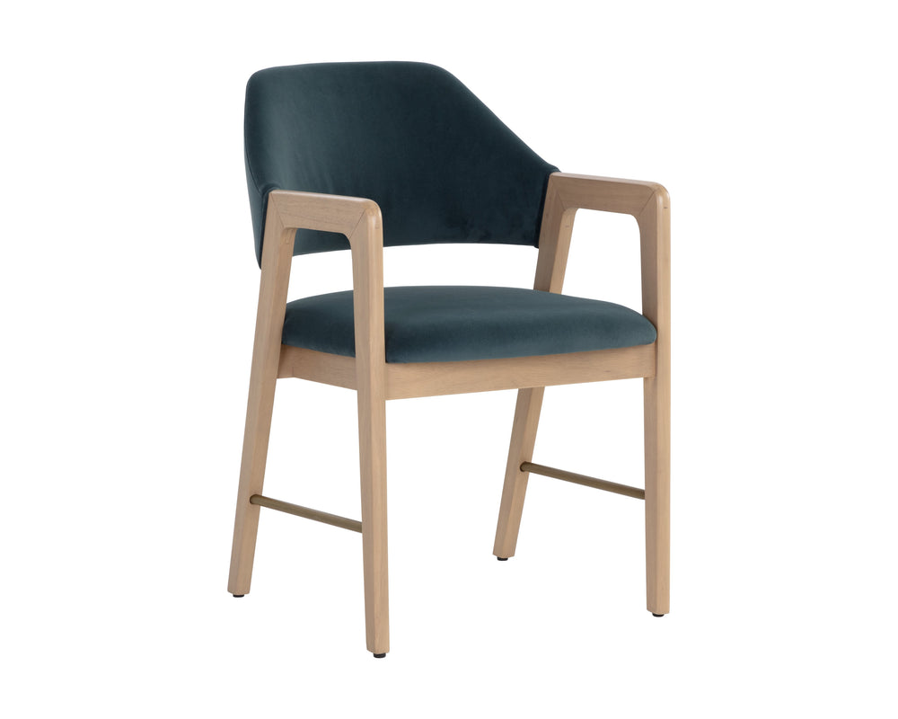 Sunpan Milton Dining Armchair - Chic Mid-Century Modern Design with Solid Rubberwood Frame & Brass Stretchers Light Wash / Meg Dusty Teal