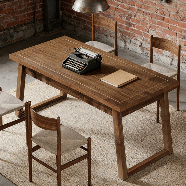English Elm Rectangular Walnut Dining Table with Hidden Drawer and Tapered Solid Wood Legs Seats Six T3971P447210