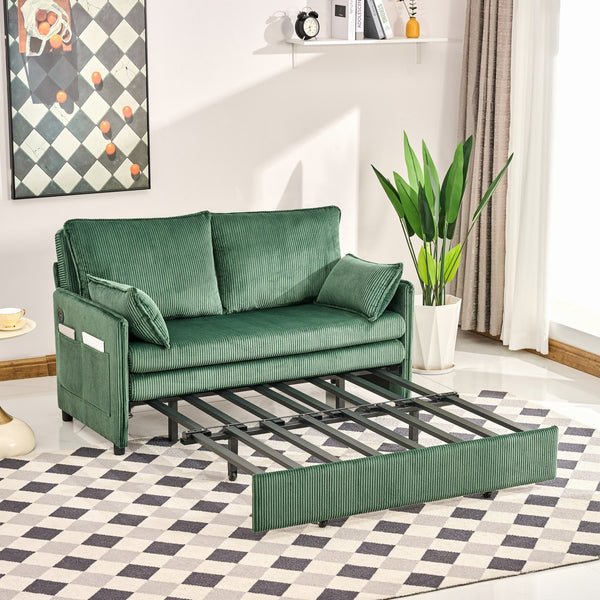 English Elm 55"convertible Corduroy Sofa Bed with Usb Port and Side Pockets for Small Apartments Green W3373P405040