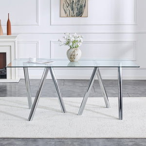 English Elm 71-inch Tempered Glass Dining Table Electroplated Metal Base Open Airy Modern Style White W3875S00005