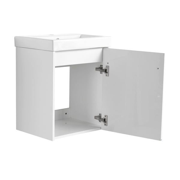 English Elm 18'' Floating Wall-Mounted Bathroom Vanity with Ceramic Sink, Soft-Close Door & Space-Saving Design Glossy White W999P236348