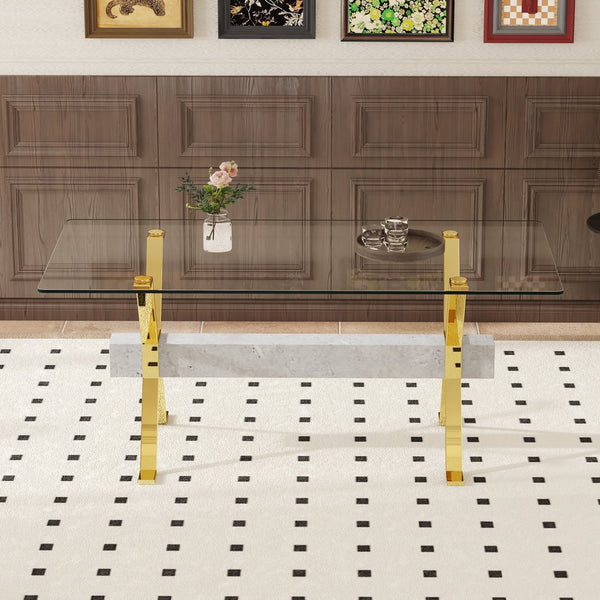 English Elm Dining Tempered Glass Table with Gold X-Legs & Gray MDF Crossbar, 71"x35.4" Modern 4-8 Seater Elegance W1151S02350