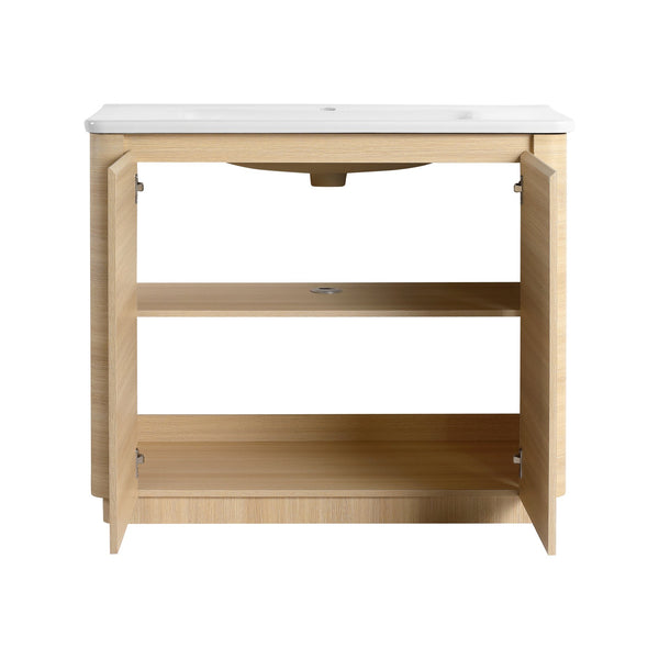 English Elm 40'' Freestanding Bathroom Vanity Plywood Cabinet Ceramic Sink Soft Close Doors W999S00518