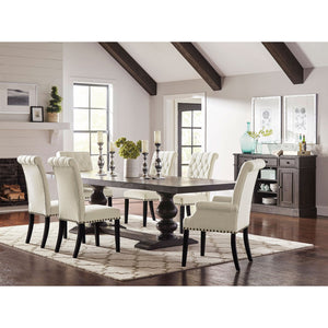 English Elm Vallerie Modern Farmhouse 8-Pc Dining Set with Dual Pedestal Table, Beige Velvet Tufted Chairs, Server B062S00813
