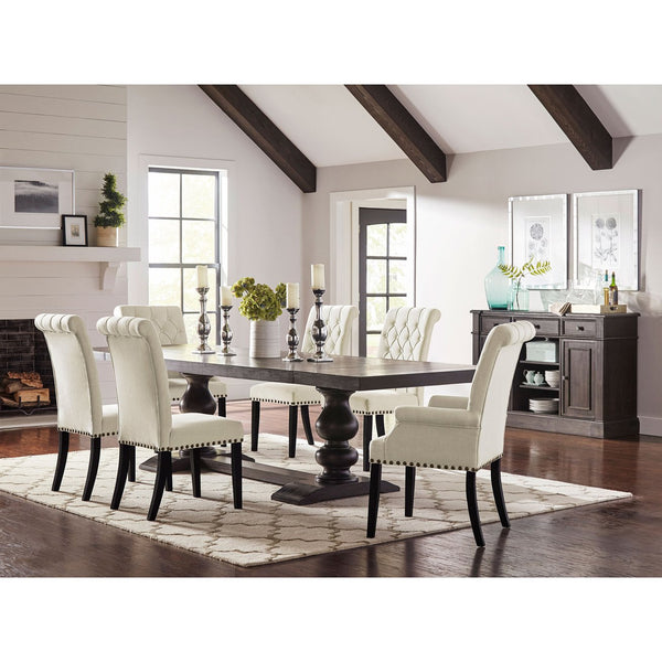 English Elm Vallerie Modern Farmhouse 8-Pc Dining Set with Dual Pedestal Table, Beige Velvet Tufted Chairs, Server B062S00813