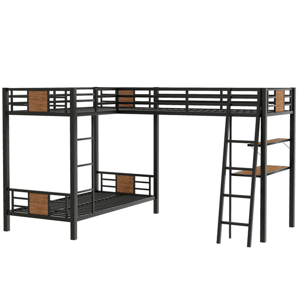 English Elm L-Shaped Twin Over Twin Bunk Bed with Loft Desk & Shelves, Brown Metal+MDF, Sturdy Sleep Solution GX001110AAD