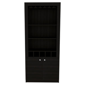 English Elm Montenegro Tall Black Bar Cabinet with Wine Storage Open Shelving and Glass Rack B070S00343