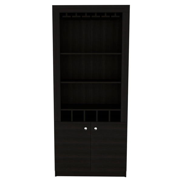 English Elm Montenegro Tall Black Bar Cabinet with Wine Storage Open Shelving and Glass Rack B070S00343
